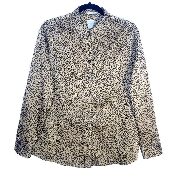 Chico's Women's size 2 / 12 / 14 Brown Cheetah Animal Print Button Down Shirt - Picture 2 of 9